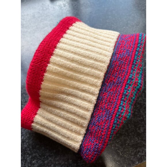Vtg 1980's Smiley 100% Pure Wool Knit Beanie Hat Turquoise Red Purple - Picture 5 of 8
